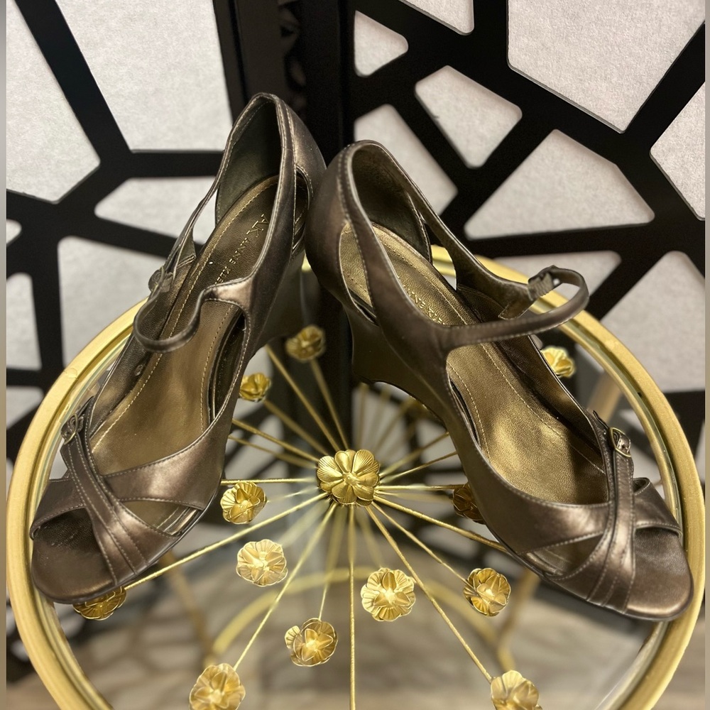 Anne Klein bronze open toe wedges